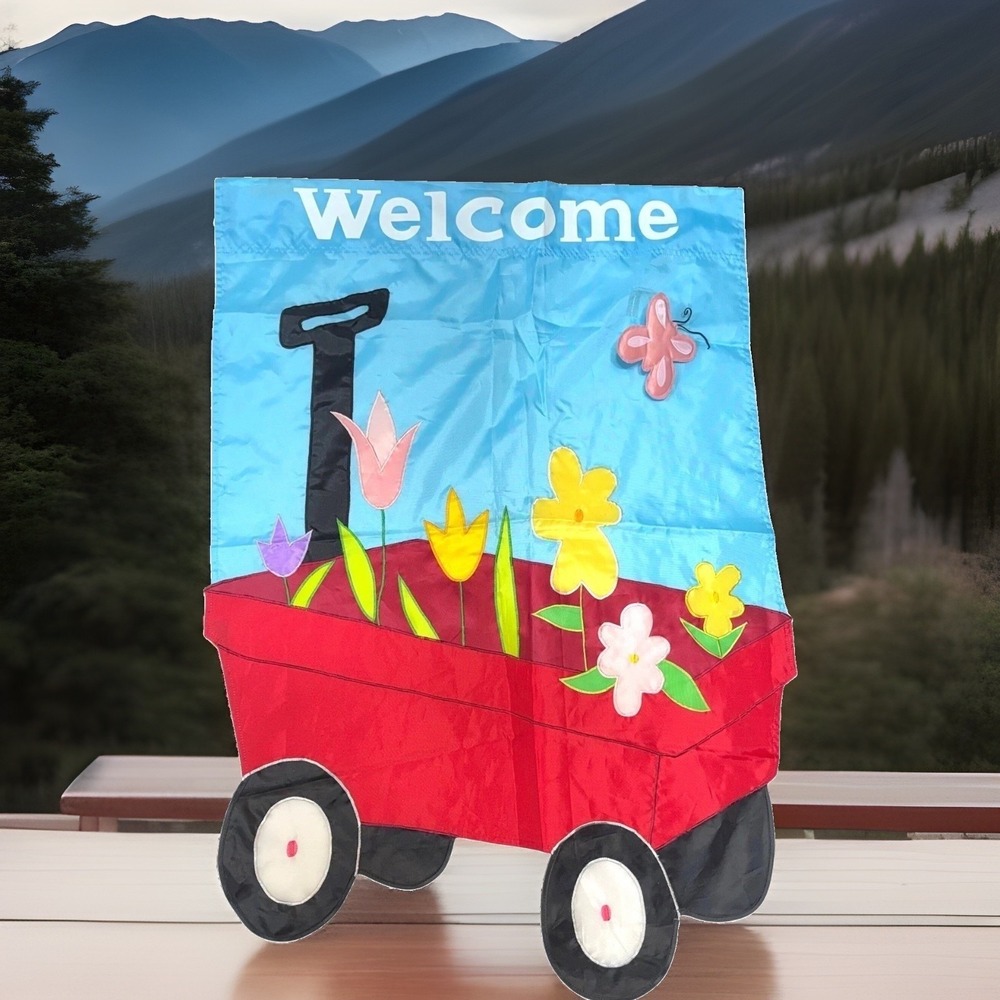 Unique Summer Banner Flag Red Wagon Spring Floral Welcome 3D Butterfly